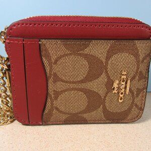Coach Zip Card Case In Khaki Signature Canvas & Cherry Leather Wallet